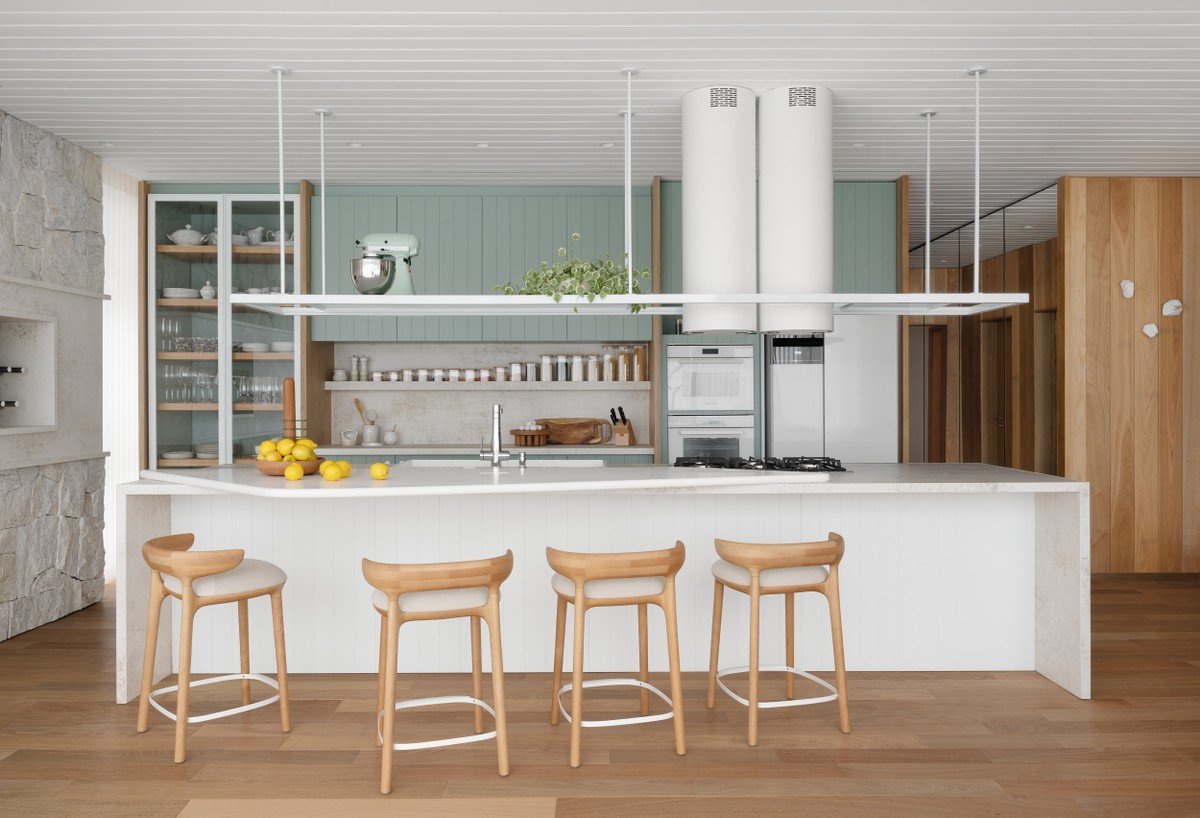 Cozinha verde-oliva é tendência eleita para apartamento integrado | Apartamentos